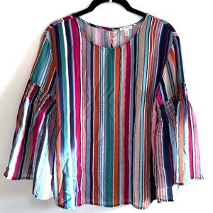 SPENSE Colorful Striped Balloon Sleeve Boho Blouse Women's Small